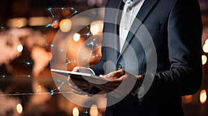 Businessman working with a digital phone or tablet on blurry dark bokeh background