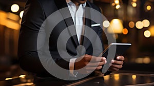 Businessman working with a digital phone or tablet on blurry dark bokeh background