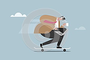 A businessman working in his laptop while moving fast on a skateboard