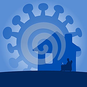 Businessman working from home with big Covid-19 icon outside illustration vector. Blue shade gradient background