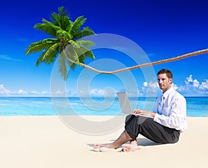 Businessman Working Laptop Beach Concept