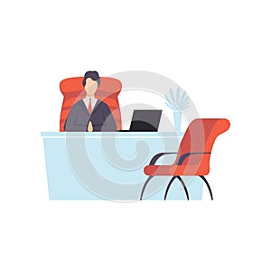 Businessman working on a laptop computer, successful business character at work vector Illustration on a white