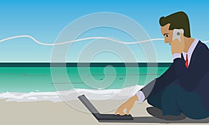 Businessman working with laptop computer and talking on phone on the beach.