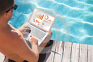 Businessman working on laptop by the pool