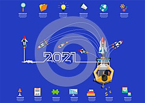 Businessman working on Laptop,rocket  with  creative light bulb idea 2021 new year business  -  brainstorm ideas concept, Vector