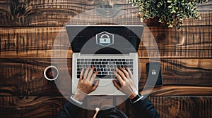 businessman working on laptop with Security sign protection on screen.