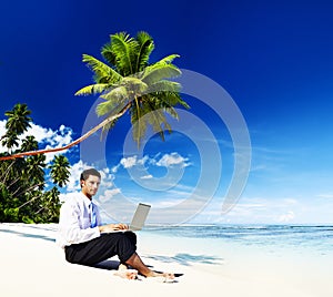 Businessman Working Laptop Summer Beach Concept