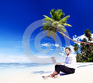 Businessman Working Laptop Summer Beach Concept