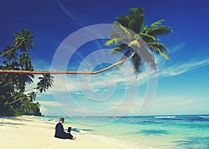 Businessman Working Laptop Summer Beach Concept