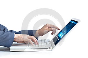 Businessman working on laptop for using electronic banking on white background