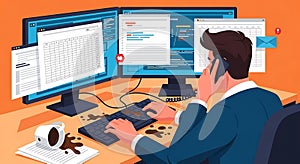 Businessman Working at Multiple Computer Monitors with Coffee and Documents