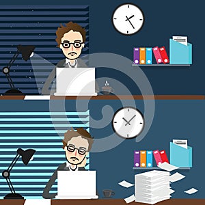 Businessman working night and day over time work-place in front of laptop office