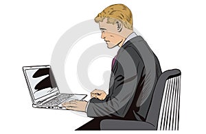 Businessman working on notebook. Stock illustration.