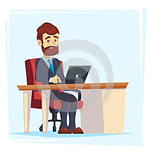 Businessman Working at Office Table. Flat cartoon Design Style. Vector illustration of Cartoon Big Boss with Workspace, Table and