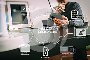 businessman working with smart phone and digital tablet and laptop computer in modern office