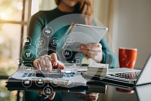 Businessman working with smart phone and laptop and digital tablet computer in  office with digital marketing media  in virtual