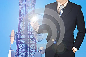 Businessman working smartphone, with double exposure blue sky te