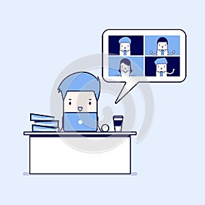 Businessman working with video conference business meeting. Online virtual meetings, Work from Home. Cartoon character thin line.