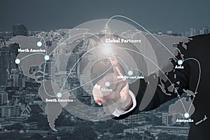 Businessman working with virtual interface global partners graph
