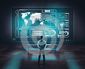 Businessman working of a wall with a toch screen and earth globe