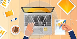 Businessman Workplace Desk Hands Working Laptop Flat Vector Illustration Business Man Top Angle Above View Office