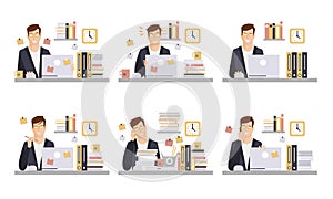 Businessman in Workplace Set, Male Office Employee Character Working Day Vector Illustration