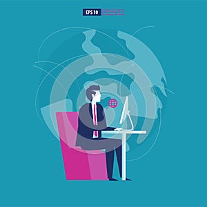 Businessman works using a computer online. Connected globally. Business vector illustration