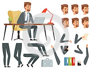 Businessman workspace. Vector mascot creation kit. Various key frames for business character animation