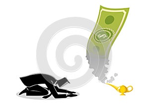 Businessman worshiping money that appearing from magic lamp