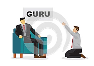 Businessman worshipping a business guru to become his mentor. Business metaphor.