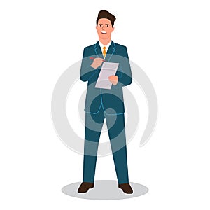 A businessman writes a pen on paper with a report report, strategic planning, business plan. Vector
