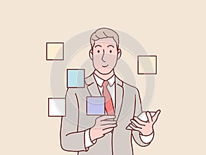 businessman writing assignments creative ideas on sticky notes simple korean style illustration