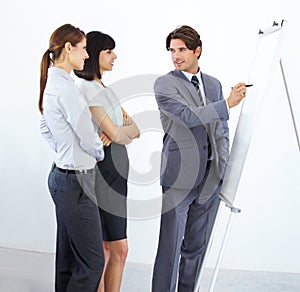 Businessman, writing and coaching on whiteboard for planning, strategy or collaboration at the office. Business people