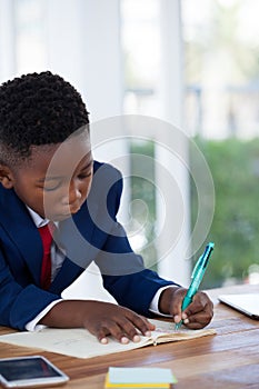 Businessman writing on diary