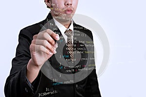 Businessman writing jQuery with marker on transparent board. Bus