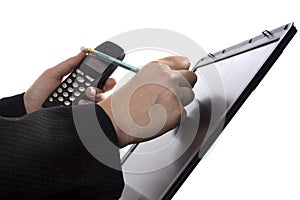 Businessman writing notes on a touchscreen