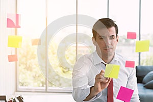 Businessman writing on post it at board