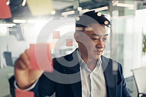 Businessman writing on sticky notes on glass wall while working in modern office