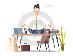 Businessman yoga meditation. Office relax in stressed work busy man sitting in lotus yoga practice at workspace vector