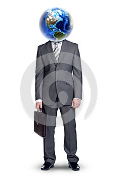 Businessmans body with Earth instead head on white