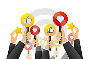 Businessmans Feedback concept. Hands vote, likes and dislikes, hearts and feedback. Social media votes, positive and