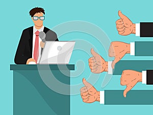 Businessmans feedback vector illustration. Man speaks from rostrum, many peoples hands show like and dislike. Business