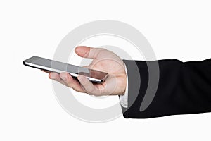 Businessmans Hand in Black Suit Holding Smartphone in Hand Against White Background