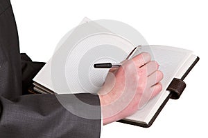 Businessmans hand holding a pen requesting a signature on a document on white background