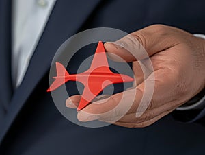 Businessmans hand holding a small red airplane, representing business travel and aviation industry themes in a