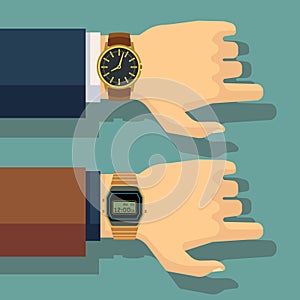 Businessmans hand with wrist watch. Save time, punctuality vector concept