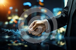 Businessmans handshake amplifies global network connections, charting stock market success