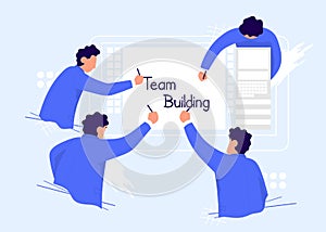 Businessmans writing together team building . Color vector cartoon illustration. Concept for business solution in partnership