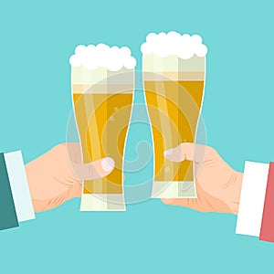 Businessmen beer toast vector illustration. Beery foam cheers celebration. Businessmens hands holding glass mugs of