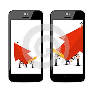 Businessmen with Big Red Arrow on Smart Phone